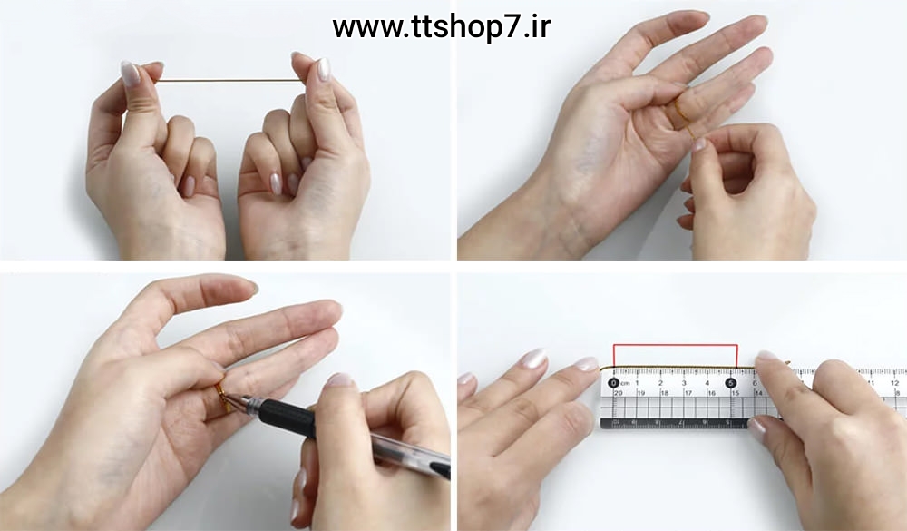 اندازه‌گیری محیط انگشت با نوار کاغذی برای انتخاب سایز انگشتر تی تی شاپ